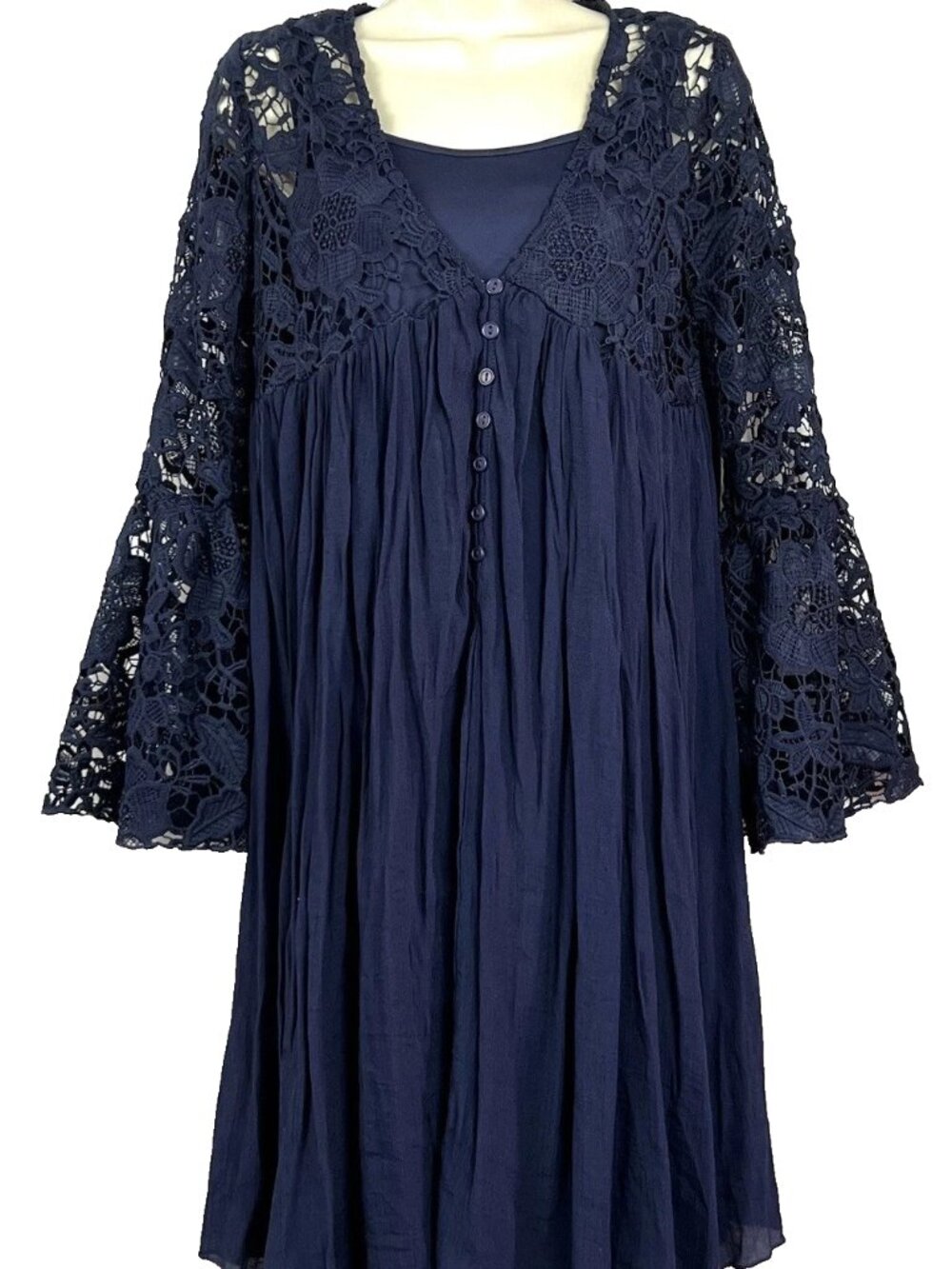 Indigo Thread Co. Boho V-Neckline Bell Sleeves Lace Navy Babydoll Dress Sz XS
